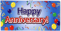 A festive "Happy Anniversary" banner on a blue background with colorful balloons and streamers. The text "Happy" is in dark blue and "Anniversary!" is in red with a white outline. Surrounding decorations include yellow, red, green, and blue balloons with multicolored streamers.