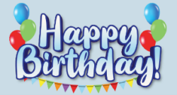 Happy Birthday" text with colorful balloons and a string of triangular flags in the background. The text is styled in a playful blue gradient, creating a festive and joyful atmosphere.