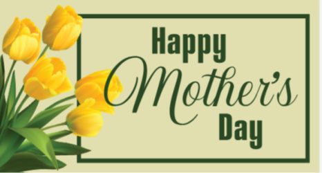 A light yellow card with a bouquet of yellow tulips on the left. "Happy Mother's Day" is written in bold and cursive green letters in the center-right. The text is enclosed in a thin green rectangular border.