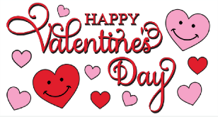 Text "Happy Valentine's Day" in red and pink fonts surrounded by multiple smiling hearts of various sizes and colors, including red and pink.