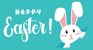 The image features a bright teal background with the text "Happy Easter!" in white, playful font. To the right of the text is a cute white bunny with pink ears, poking its head and paw out from the corner, adding a cheerful and festive touch.