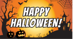 An orange Halloween themed image with a bright full moon in the background. It features the text "HAPPY HALLOWEEN!" in bold white letters. There are silhouettes of a haunted house, bats, a spider, a tree, and two carved pumpkins on a grassy hill.