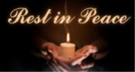 Two hands gently cradle a lit candle with a thin trail of smoke, set against a dark background. Above the hands, the words "Rest in Peace" are written in elegant script.