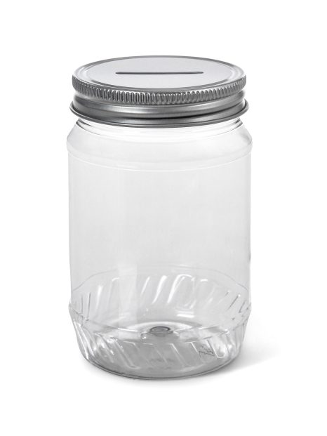 A clear, empty plastic jar with a silver metal lid with a slot for coins is shown against a plain white background. The jar has slight ridges at the bottom, and the lid is tightly sealed.