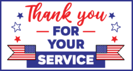 Patriotic graphic with the text "Thank you for your service" in red and blue. Includes U.S. flag-themed ribbons and decorative stars.