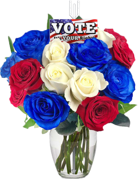 A bouquet of red, white, and blue roses in a clear vase, accompanied by a sign that reads "VOTE: It's YOUR Right!" with a decorative American flag design on the sign.