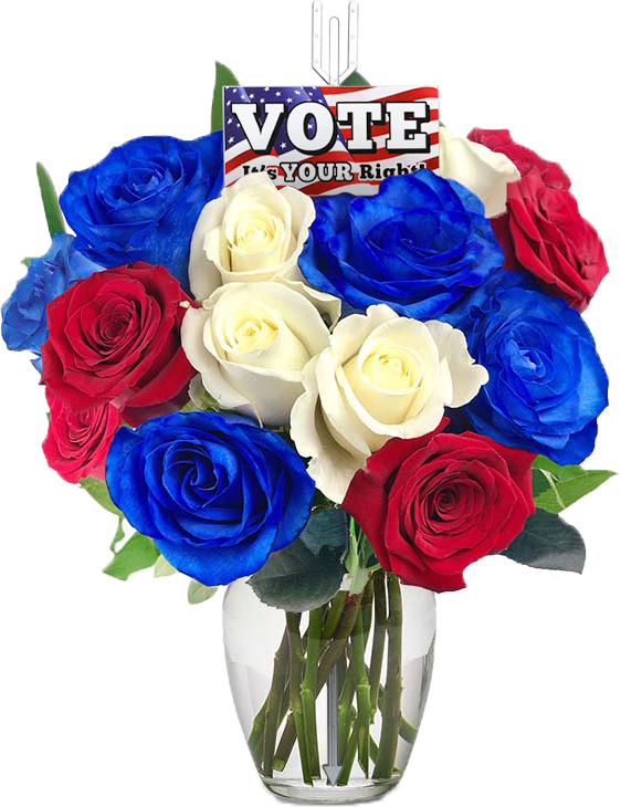 A bouquet of red, white, and blue roses in a clear vase, accompanied by a sign that reads "VOTE: It's YOUR Right!" with a decorative American flag design on the sign.