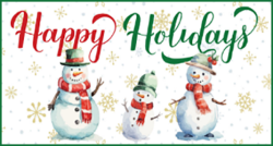 Illustration of three snowmen wearing hats and scarves, standing in the snow. The snowmen are smiling, and the background features gold snowflakes. The words "Happy Holidays" are written in red and green cursive at the top.