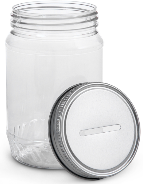 An empty, transparent plastic jar with a metal screw-on lid placed next to it. The lid has a coin slot, indicating it can be used for saving money.