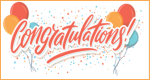 Colorful "Congratulations!" text in a festive font, adorned with orange, red, and blue balloons and confetti in the background.